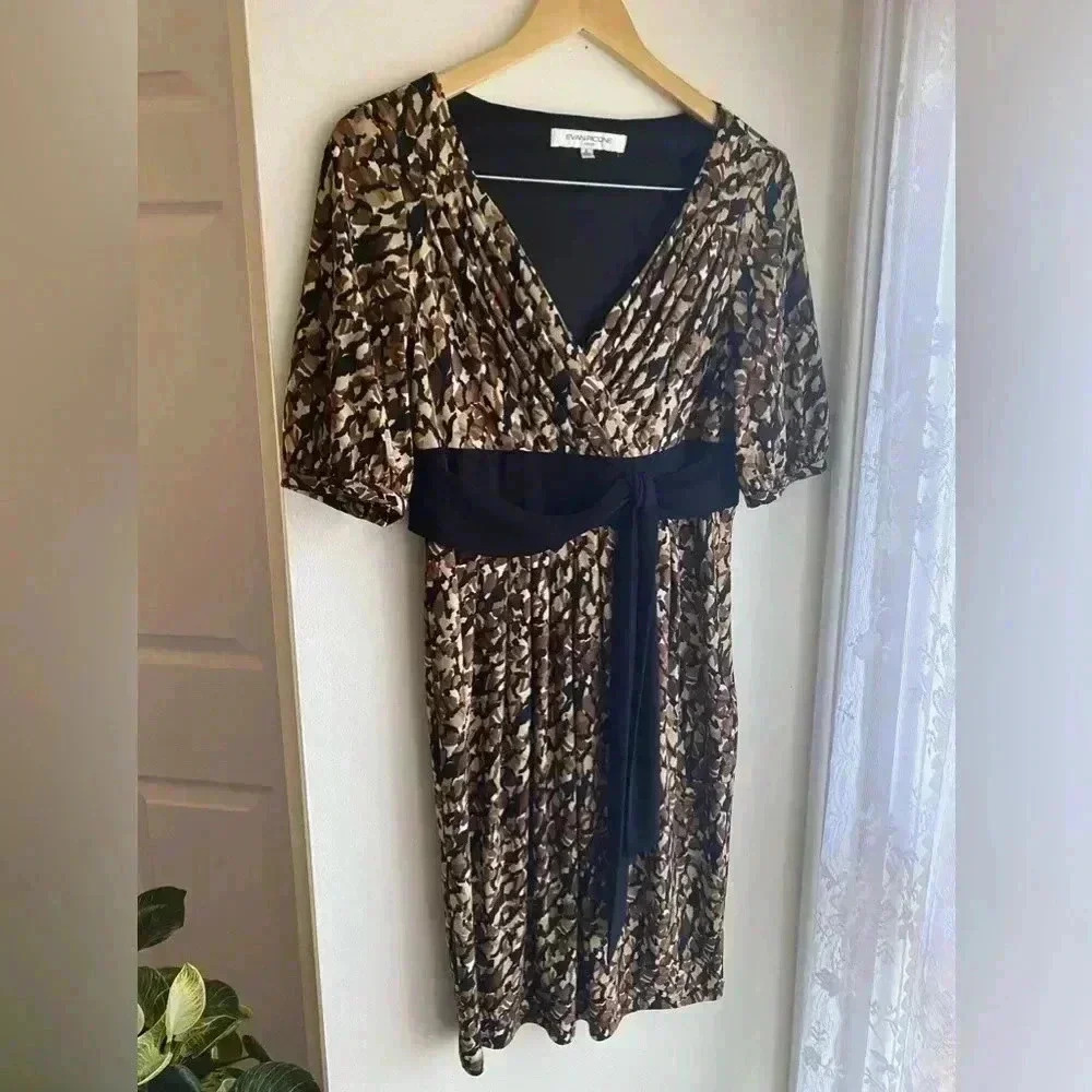 Vintage Evan Picone Satin Party Cocktail Dress 90s Wrap Half Sleeve V Neck Brown